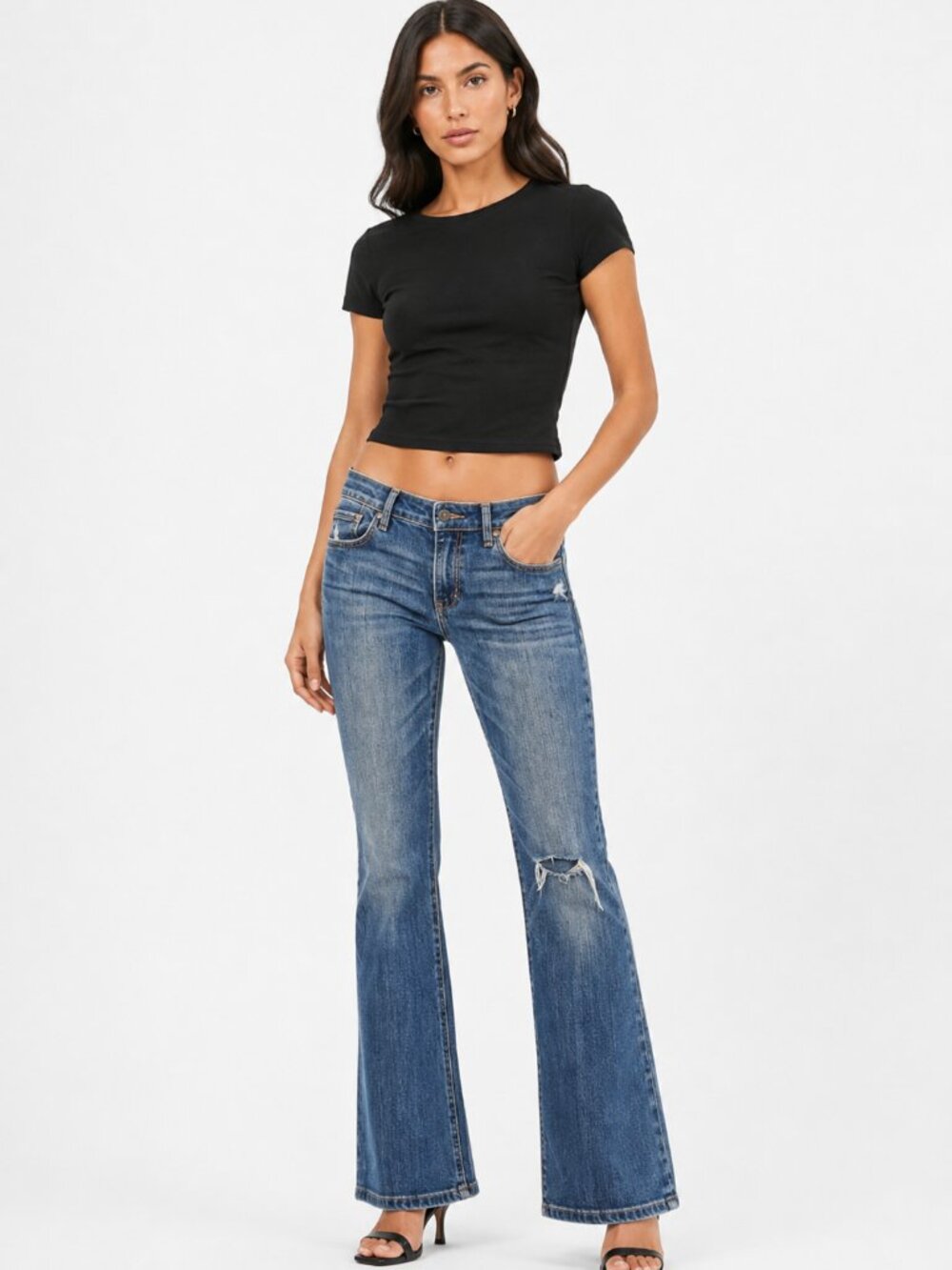 ABERCROMBIE & FITCH THE A&F BOOT DISTRESSED JEANS IN A MEDIUM WHISKERED DENIM